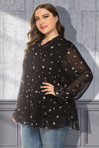 Blusa peplum con cuello anudado y estampado de estrellas de talla grande