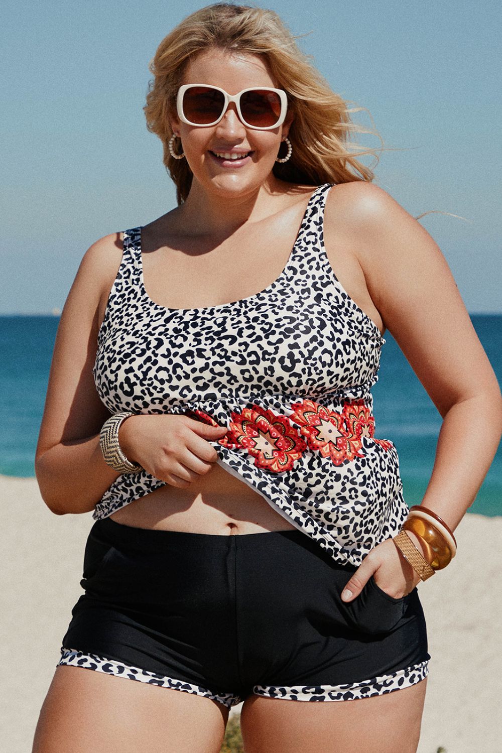 Conjunto de tankini con estampado mixto de tallas grandes con bolsillos