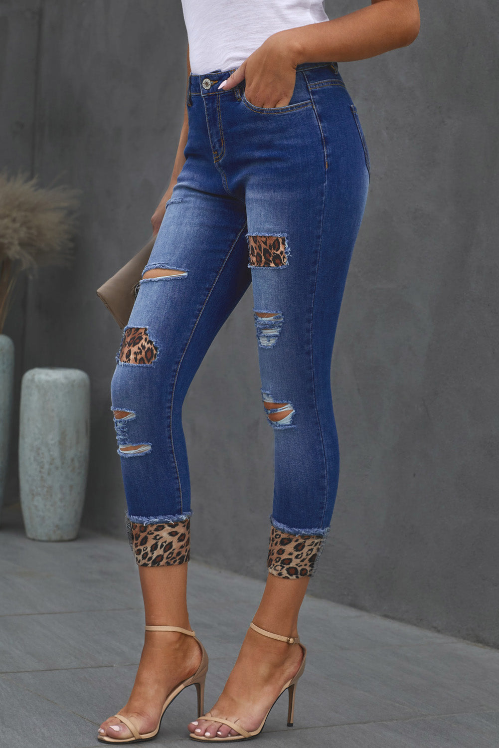 Leopard Patch Distressed Cropped Jeans