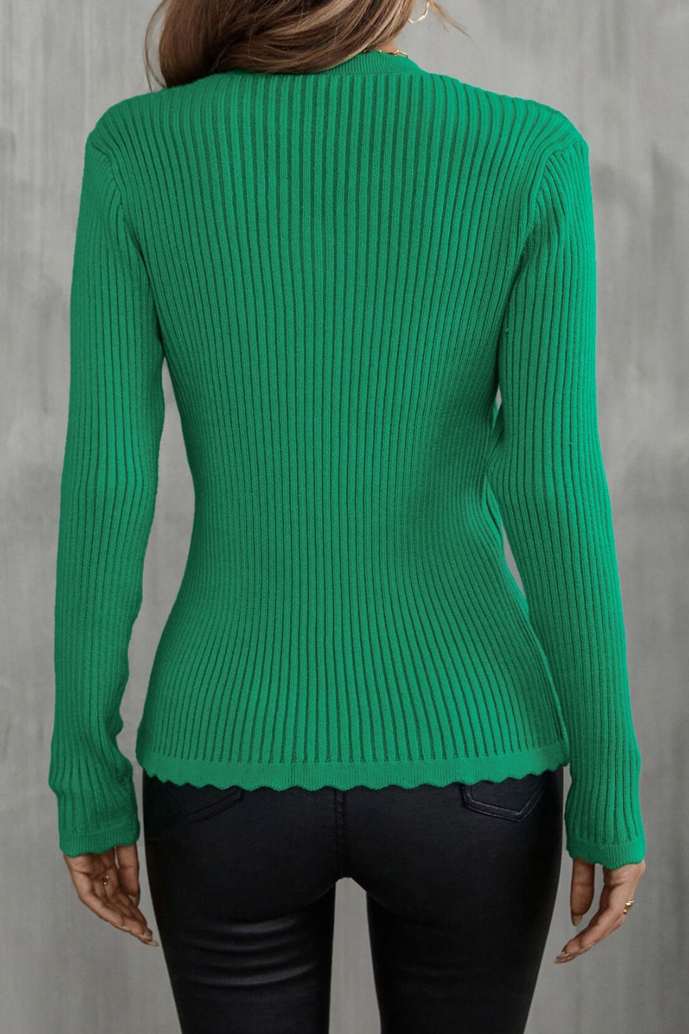 Scalloped V-Neck Rib-Knit Top