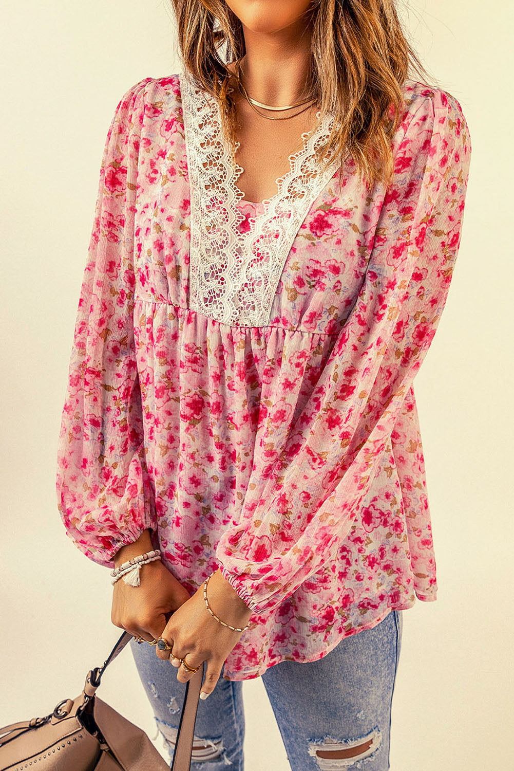 Floral Lace Trim Balloon Sleeve Blouse