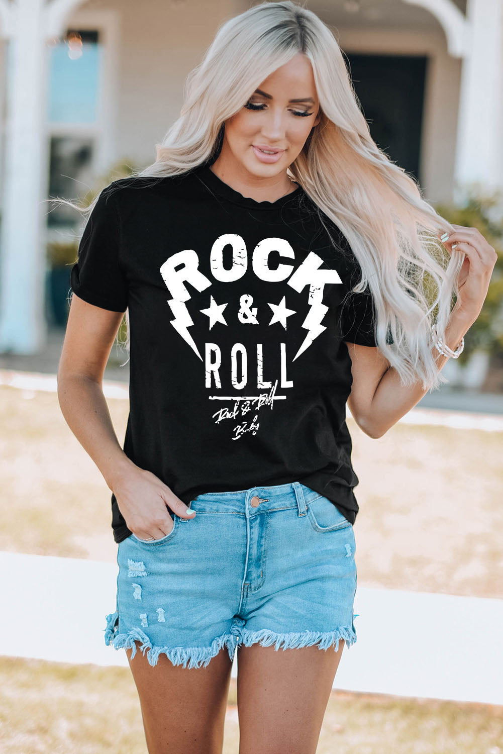 Camiseta de manga corta con cuello redondo gráfico ROCK &amp; ROLL