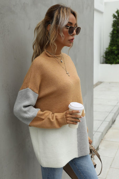 Color Block Round Neck Knit Pullover