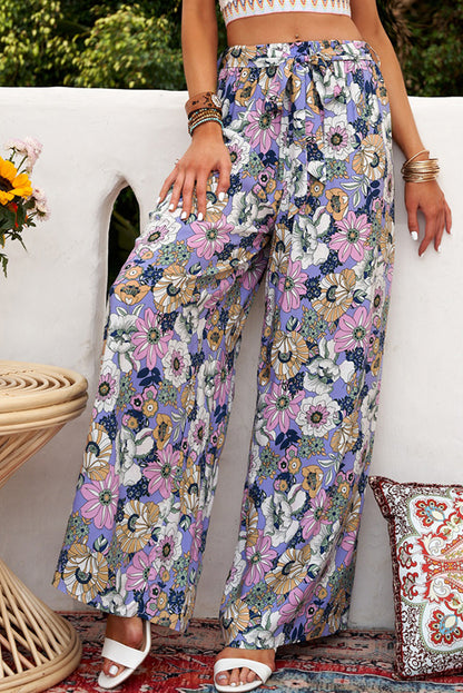 Pantalones de pernera ancha con cinturón de lazo floral