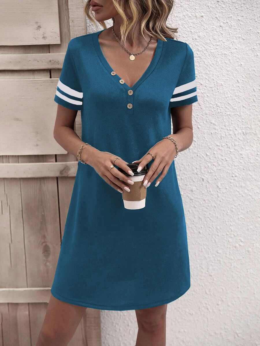 Striped Short Sleeve Decorative Button Dress