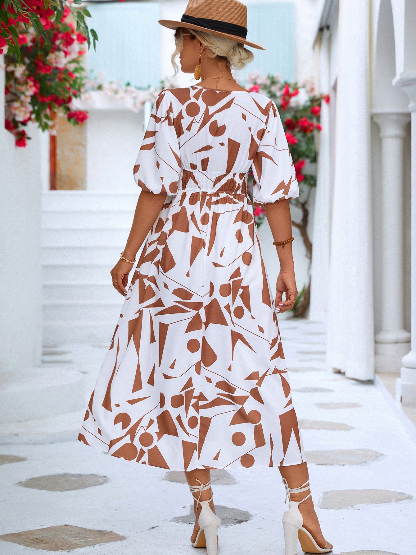 Printed Surplice Balloon Sleeve Dress