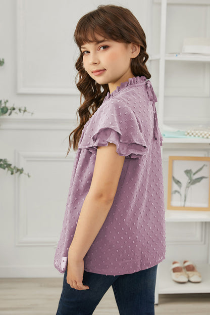 Blusa de manga volante con fruncido de lunares suizos para niñas