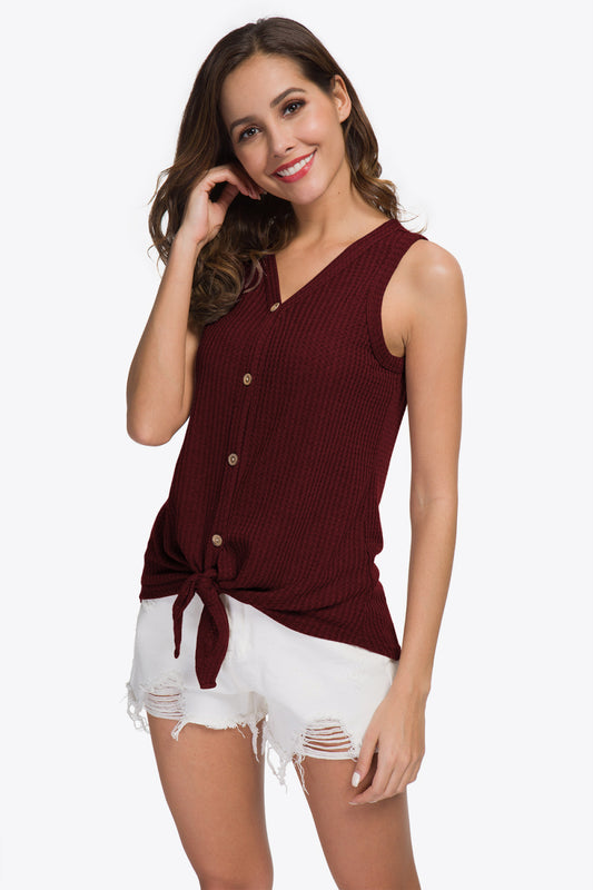 Buttoned V-Neck Ribbed Tank