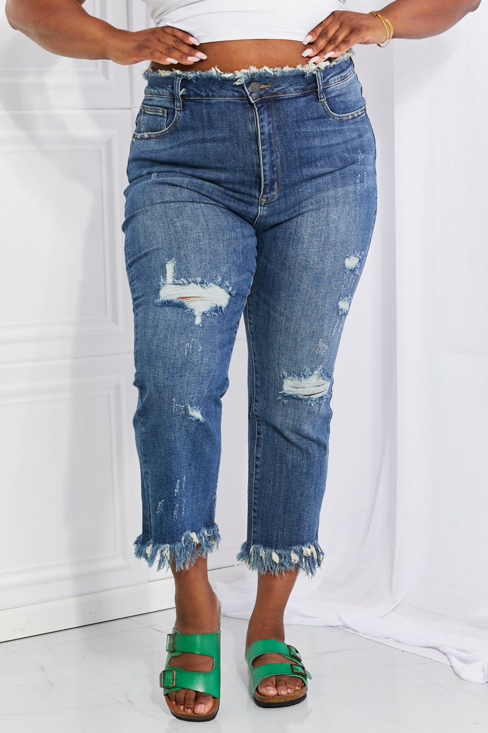 Jeans de pierna recta elegantes deshechos de tamaño completo RISEN