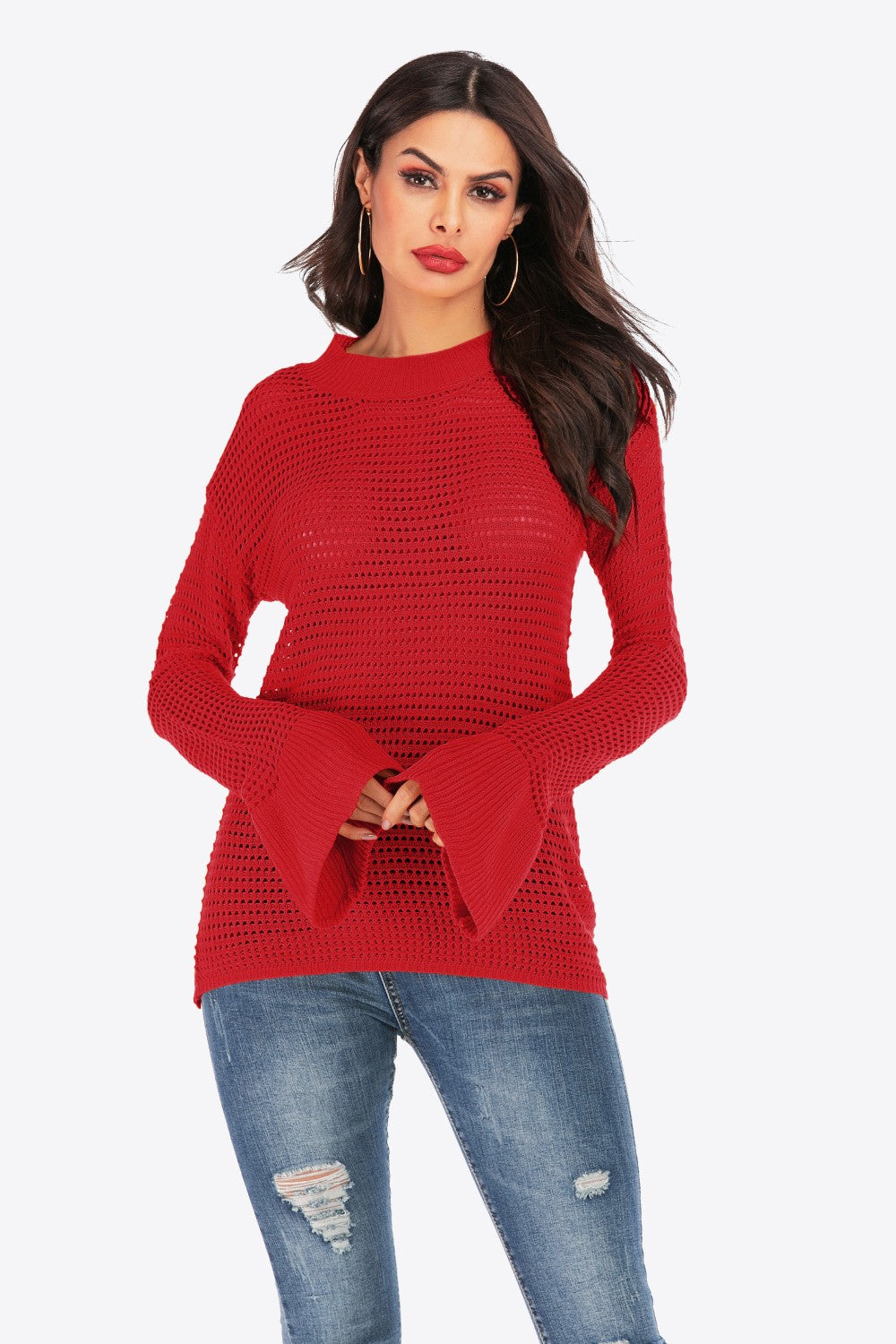 Openwork Flare Sleeve Round Neck Sweater