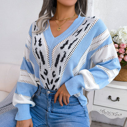 Striped Lantern Sleeve V-Neck Sweater