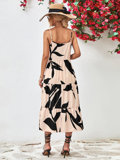 Printed Spaghetti Strap Tiered Midi Dress