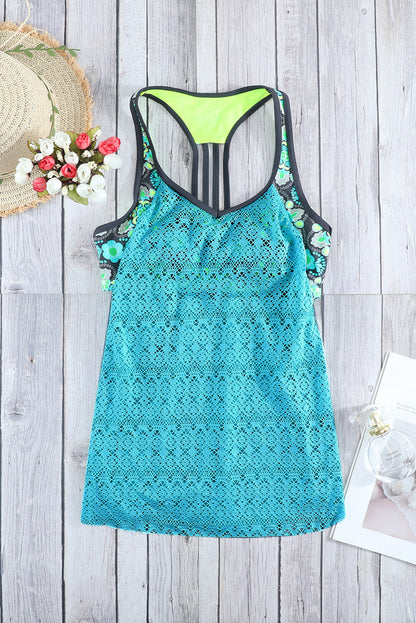 Top tankini de encaje con empalme floral