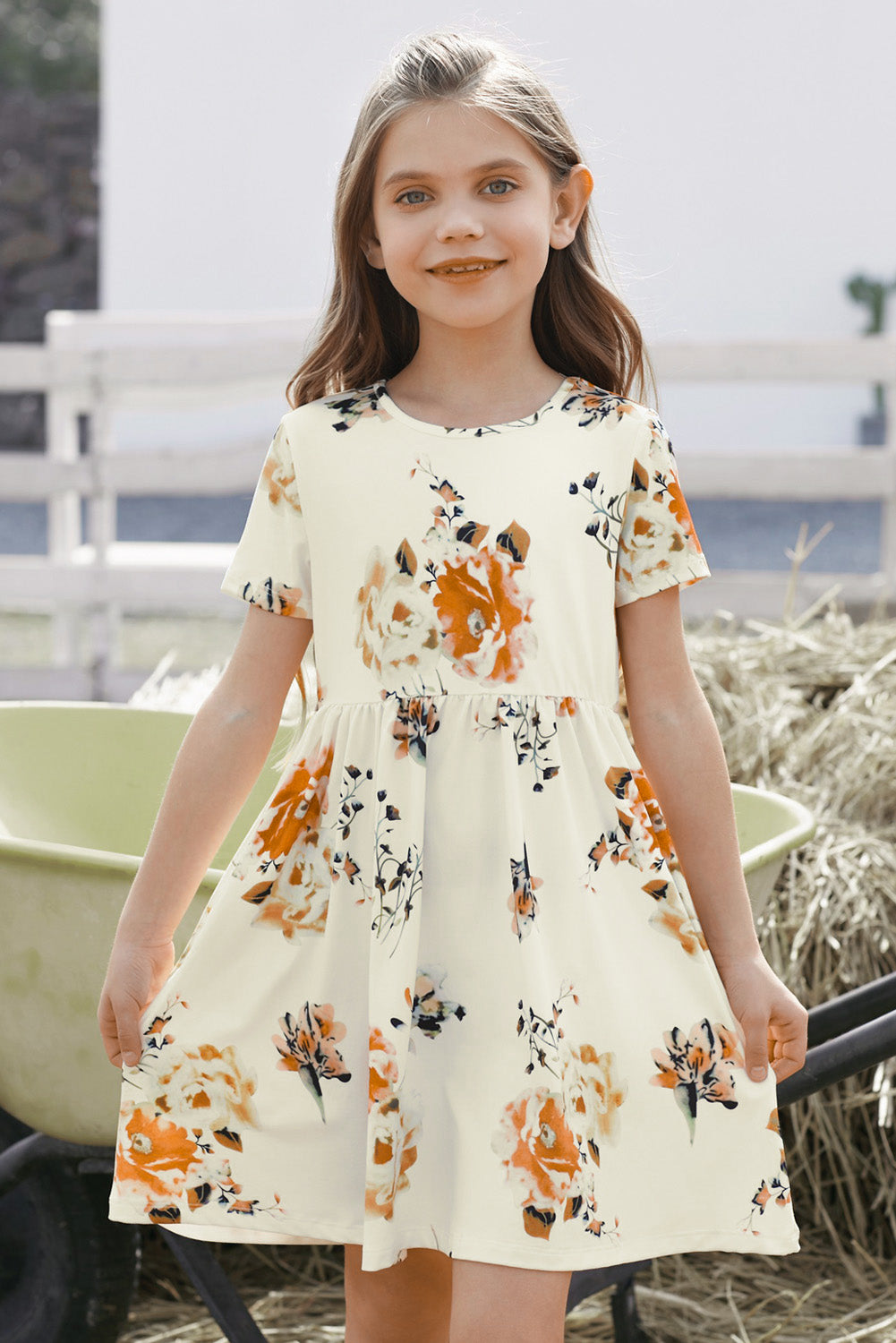 Vestido Niña Cuello Redondo Manga Corta Floral