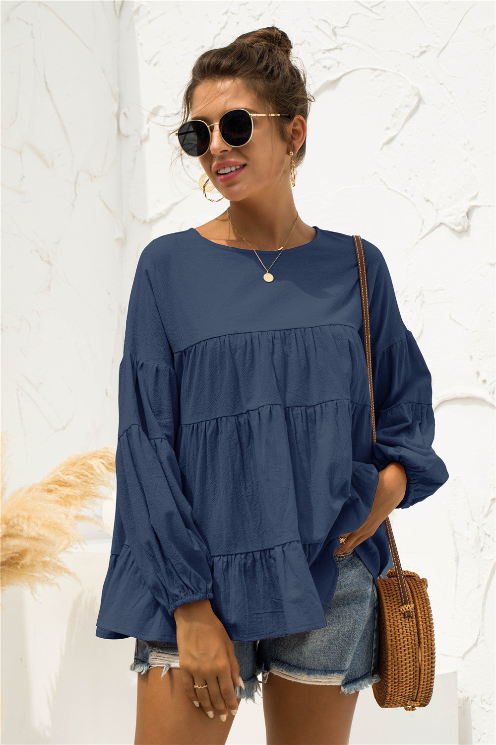 Round Neck Bubble Sleeve Tiered Blouse