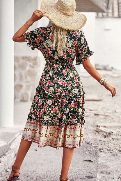 Drawstring V-Neck Short Sleeve Midi Dress