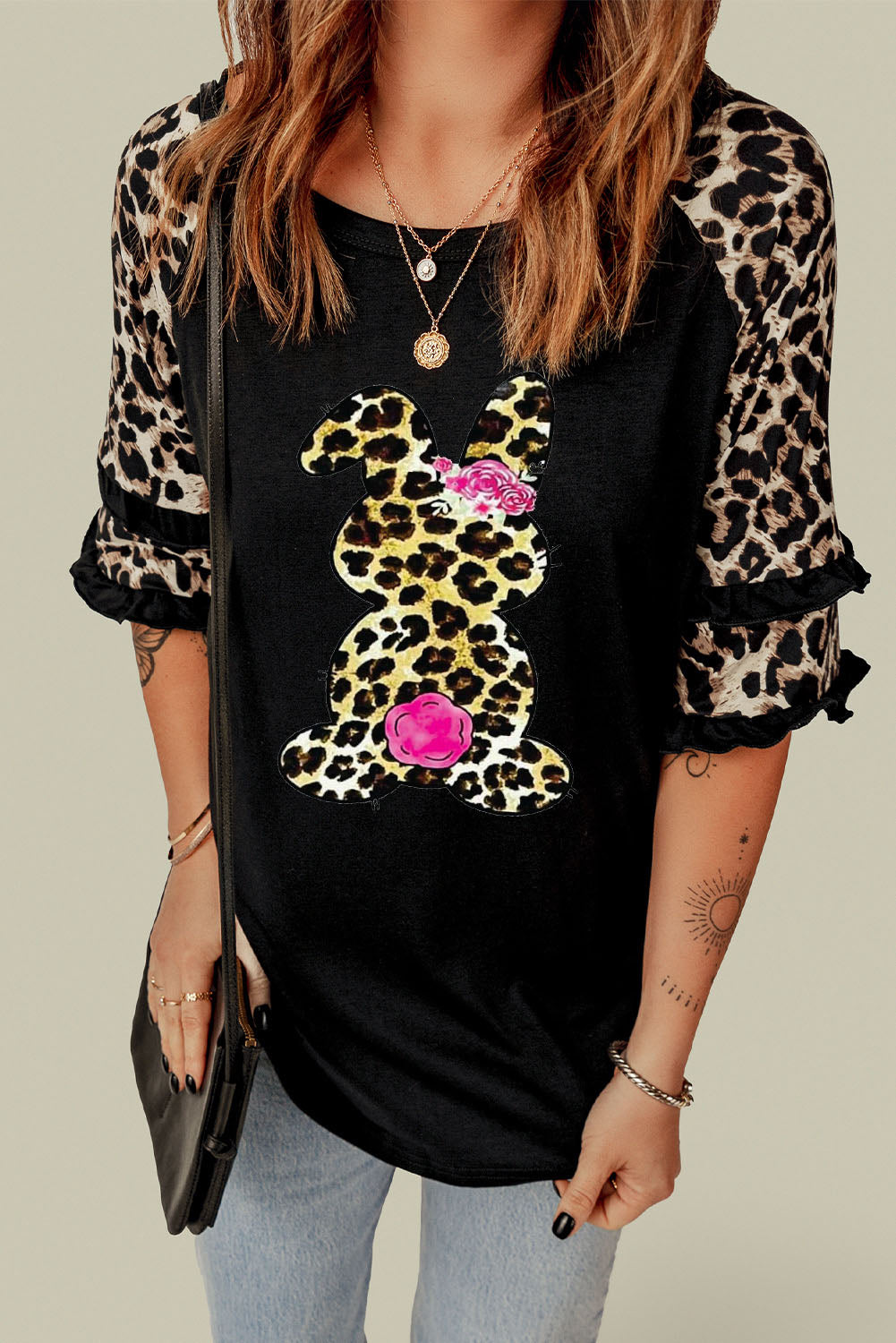 Easter Leopard Frill Trim Half-Sleeve Top