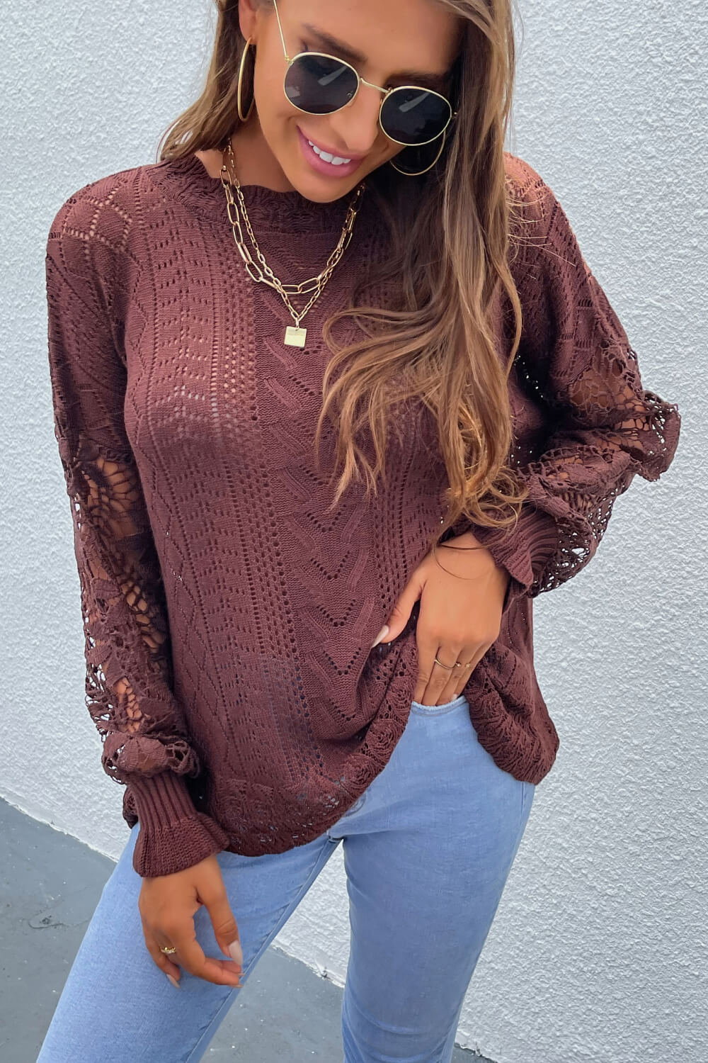 Spliced Lace Crochet Sleeve Sweater