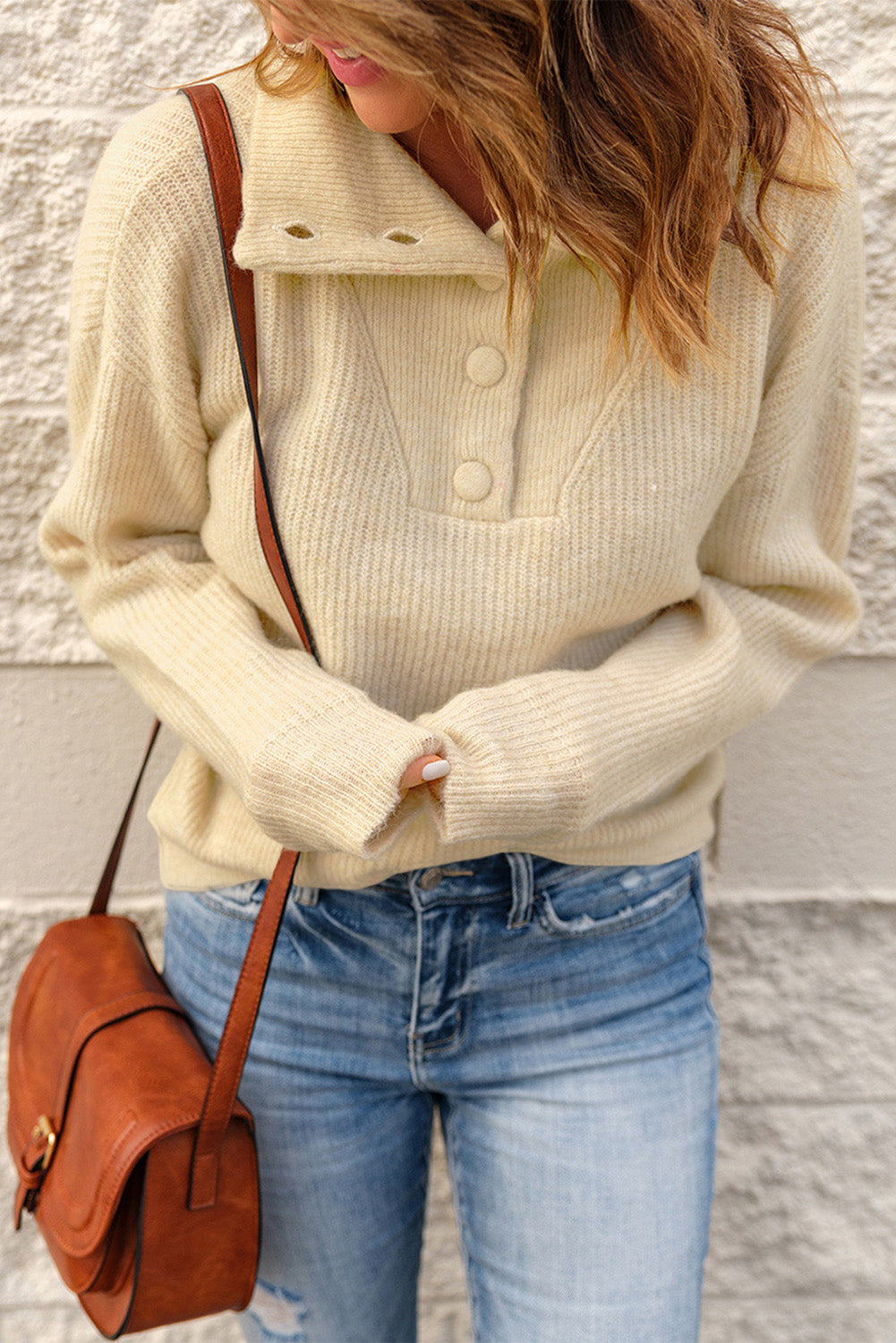 Half Button Dropped Shoulder Ribbed Sweater