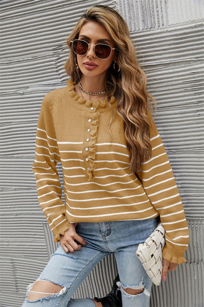 Striped Half-Button Frill Trim Sweater