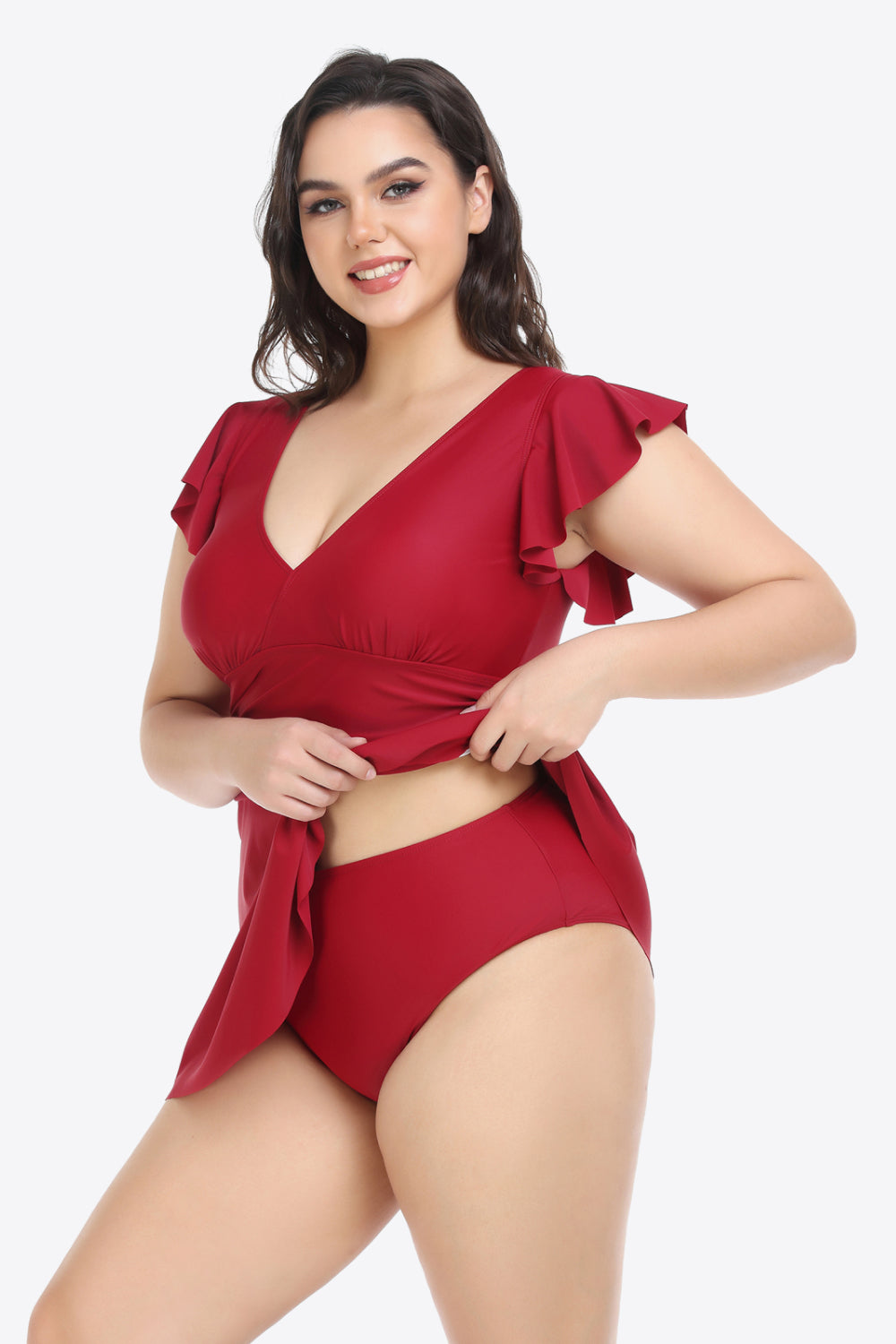 Conjunto de vestido de baño y braguitas con escote pronunciado y volantes de talla grande