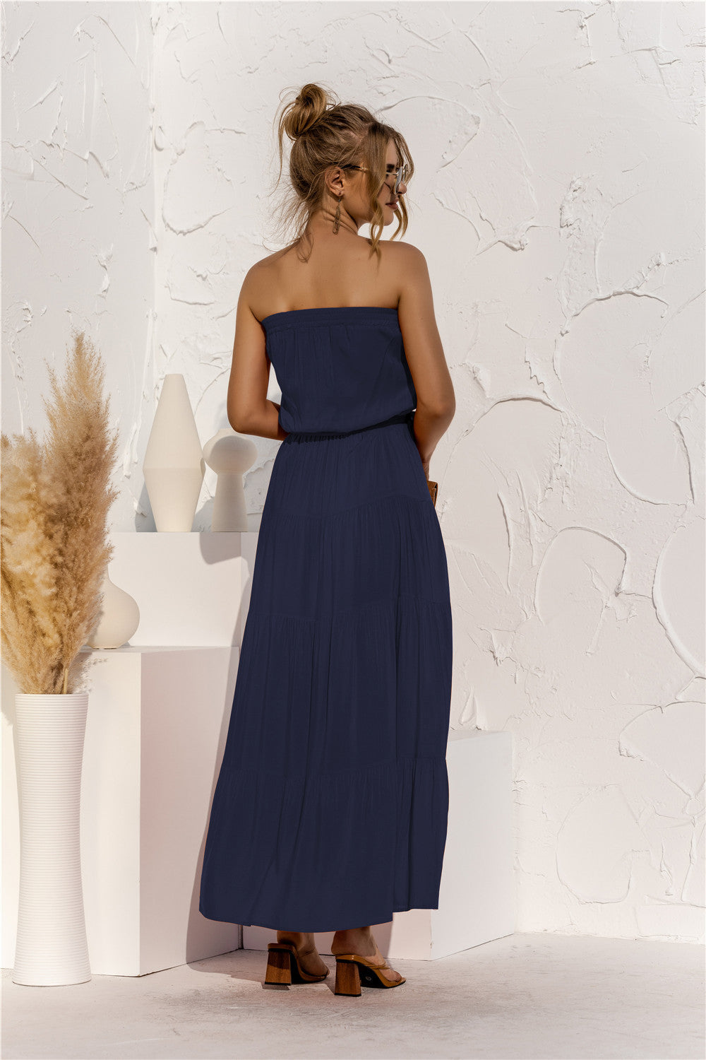 Strapless Tie Waist Tiered Maxi Dress