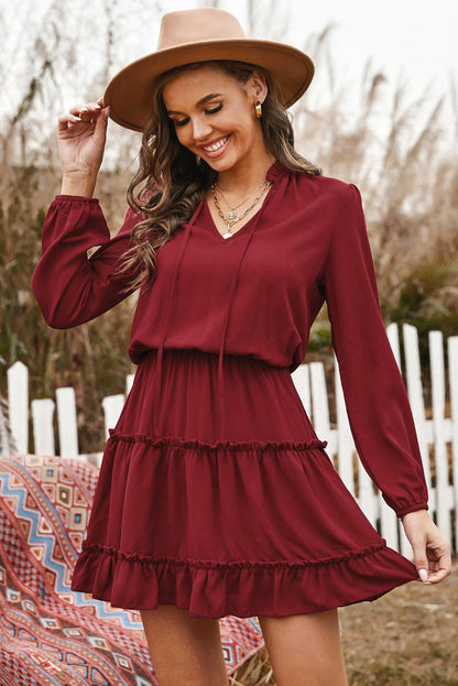 Tied Frill Trim Puff Sleeve Mini Dress