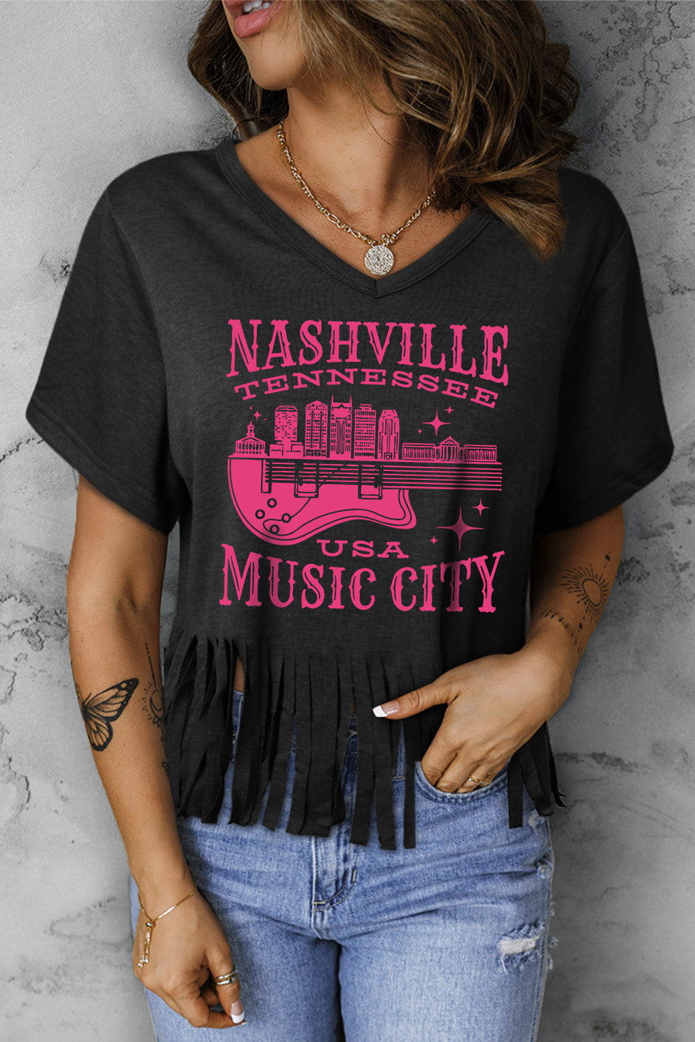 NASHVILLE TENNESSEE EE. UU. CIUDAD DE LA MÚSICA Camiseta estampada con dobladillo con flecos