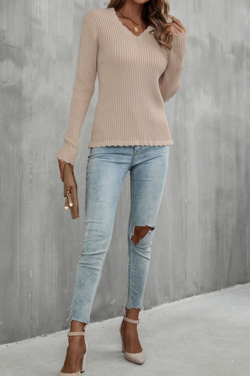 Scalloped V-Neck Rib-Knit Top