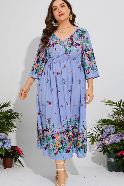 Vestido midi de manga tres cuartos con cuello en V floral de talla grande