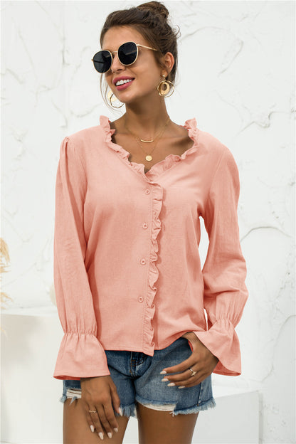 Frill Trim V-Neck Flounce Sleeve Shirt