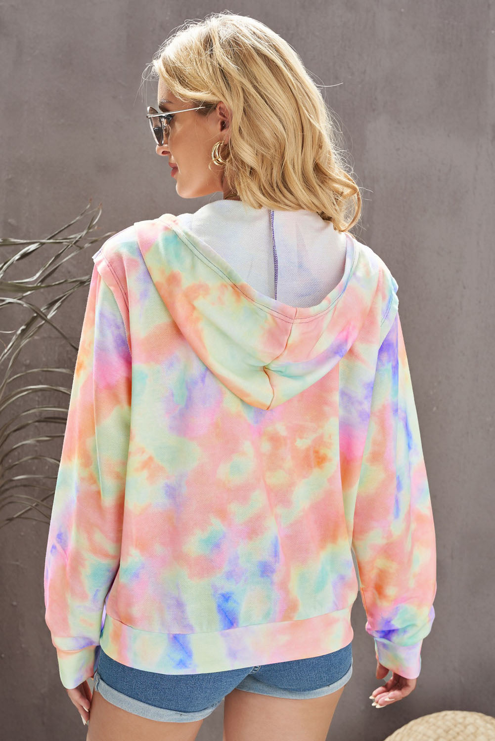 Tie-Dye Drawstring Detail Zip Up Hooded Jacket