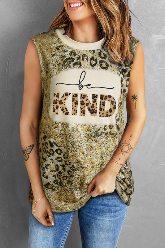 BE KIND Camiseta sin mangas con estampado de leopardo y cuello redondo