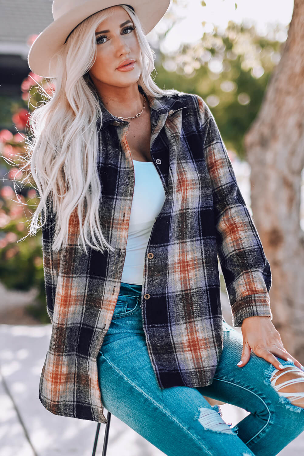 Plaid Side Slit Curved Hem Shirt