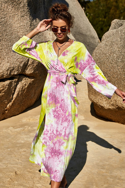 Vestido maxi cruzado con efecto tie dye