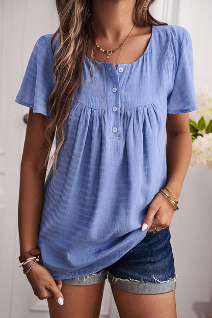 Quarter-Button Round Neck Short Sleeve Top