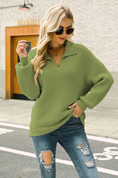 Horizontal Ribbing Johnny Collar Sweater