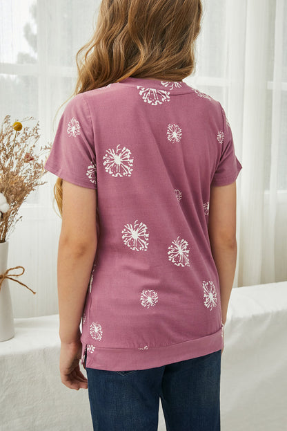 Camiseta de cuello redondo con estampado de diente de león para niñas