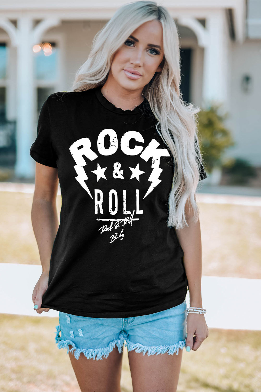 Camiseta de manga corta con cuello redondo gráfico ROCK &amp; ROLL