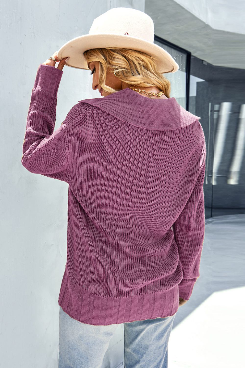 Johnny Collar Rib-Knit Drop Shoulder Sweater