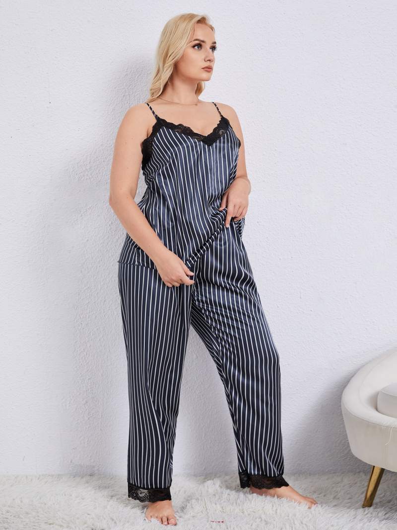 Conjunto de pijama con pantalones y camisola con ribete de encaje de rayas verticales de talla grande