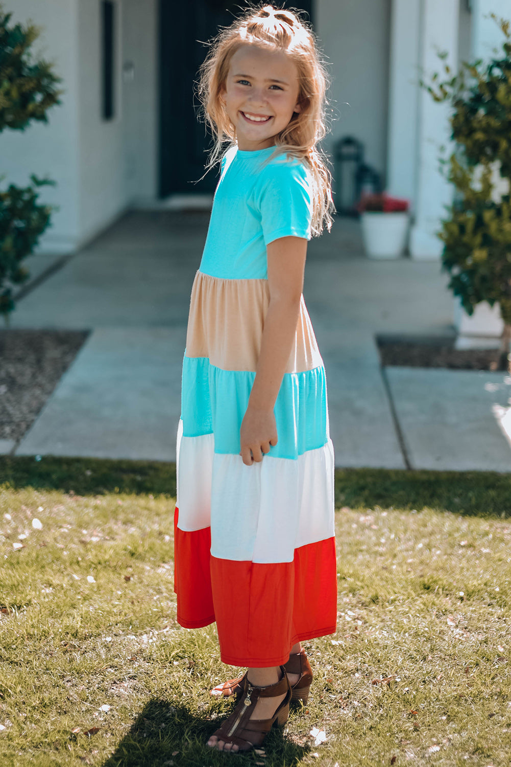 Vestido Largo Niña Cuello Redondo Color Block