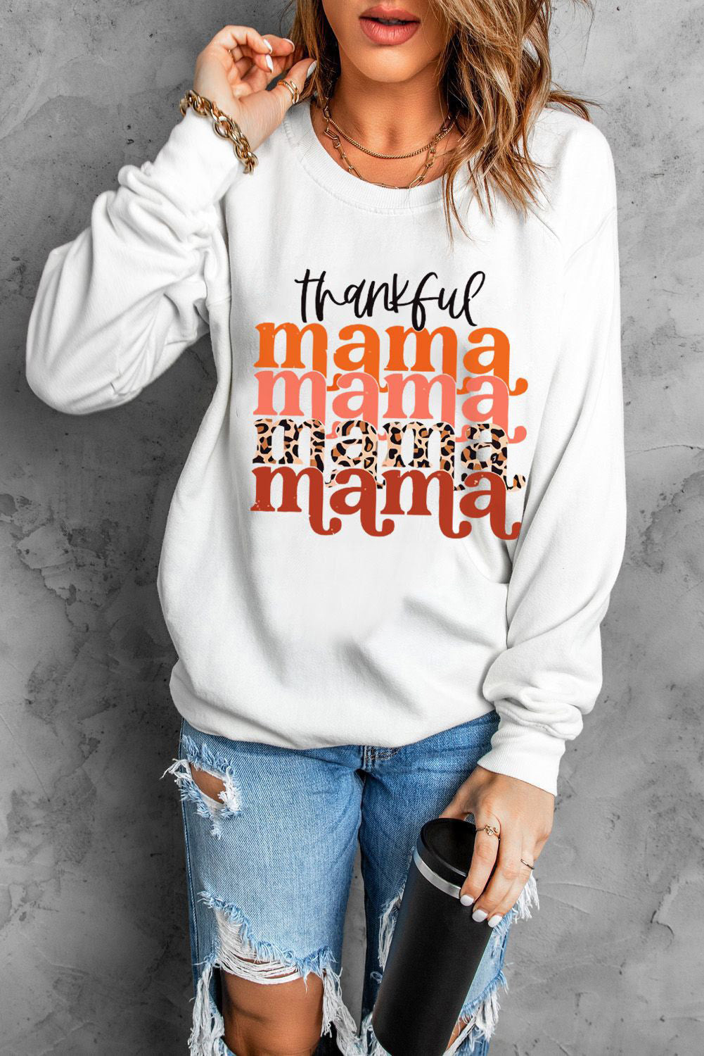 THANKFUL MAMA Graphic Dropped Shoulder Round Neck Sweatshirt