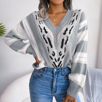 Striped Lantern Sleeve V-Neck Sweater