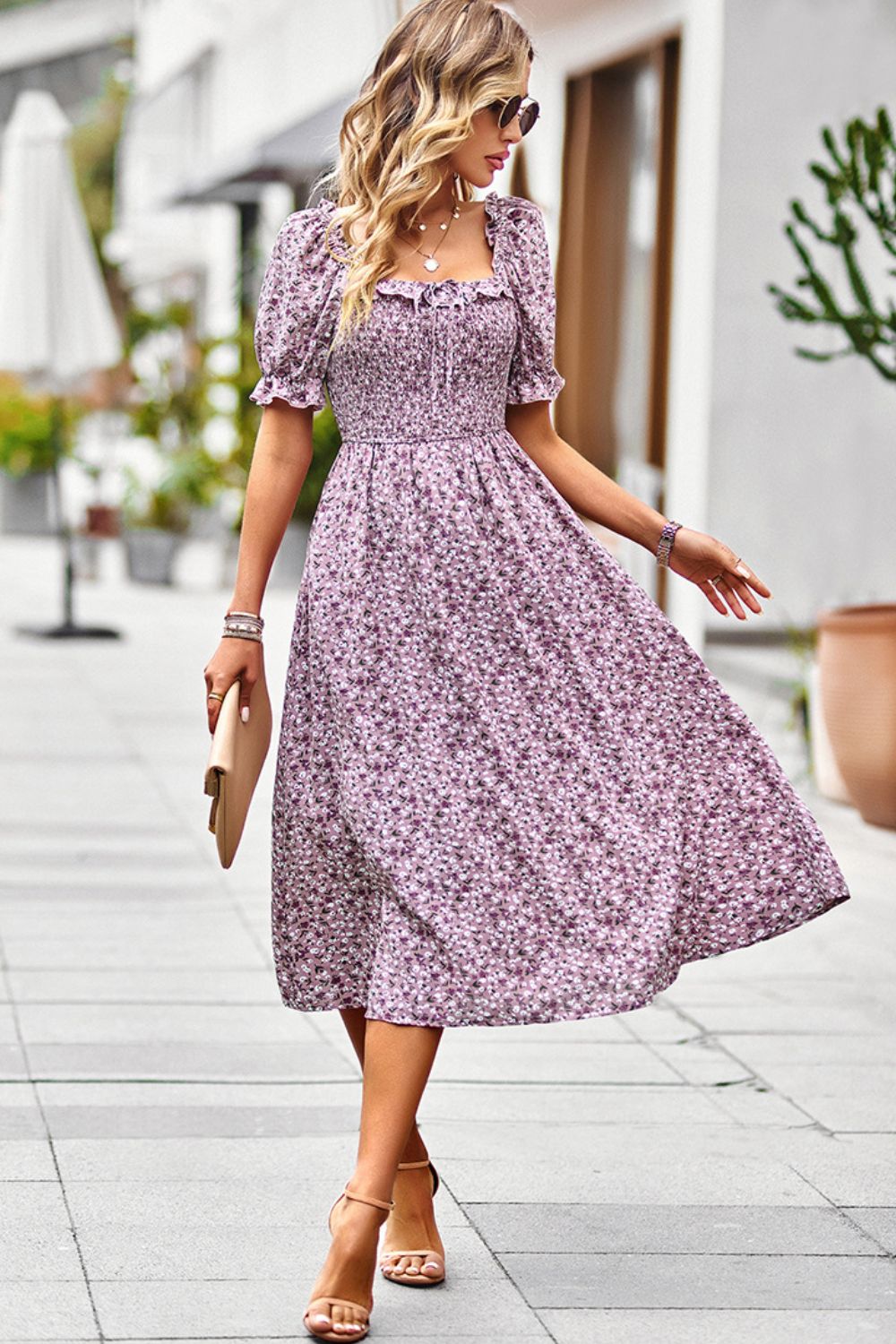 Floral Ruffled Square Neck Dress with Pockets