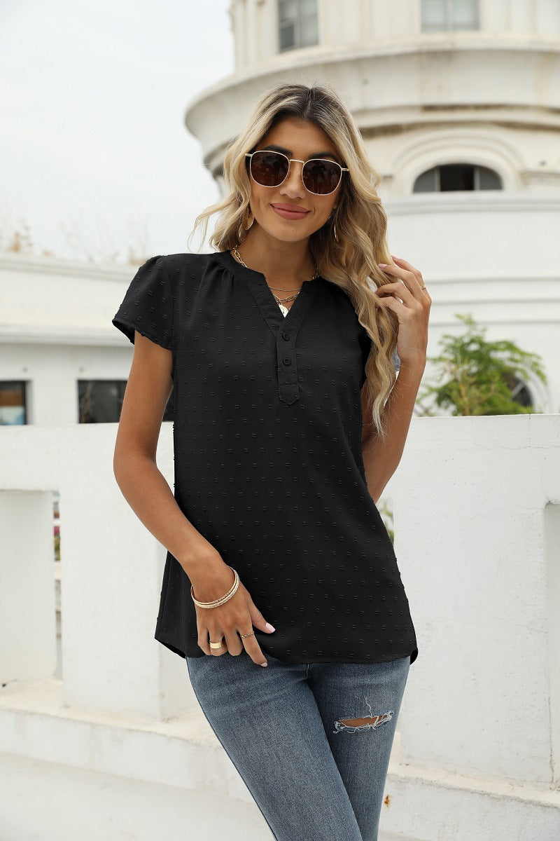 Swiss Dot Notched Neck Short Sleeve Top