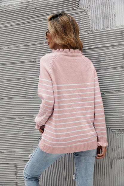 Striped Half-Button Frill Trim Sweater