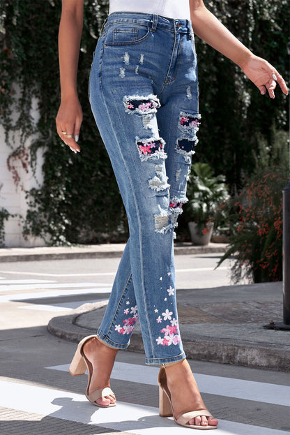 Printed Patch Distressed Boyfriend Jeans