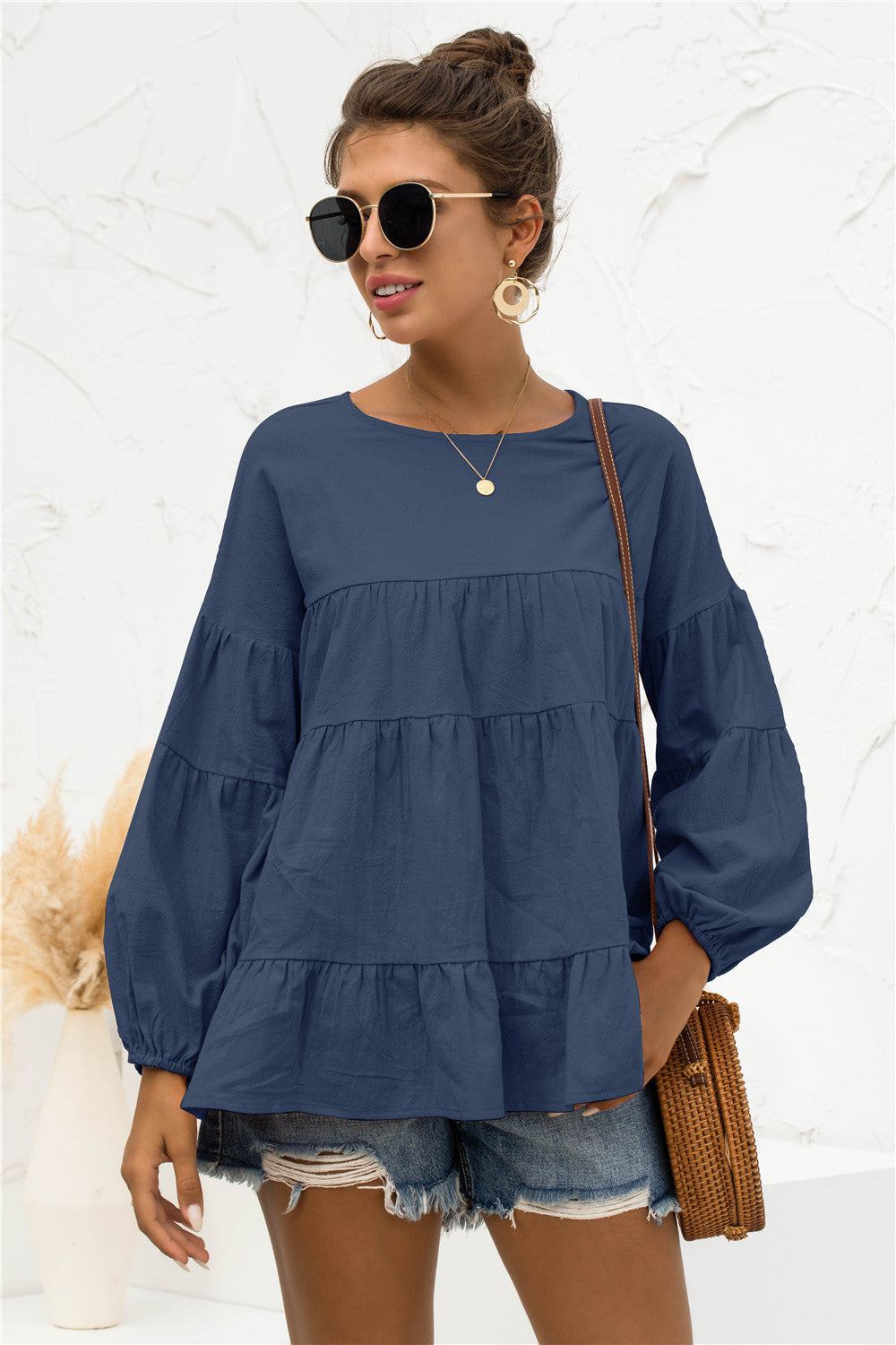 Round Neck Bubble Sleeve Tiered Blouse