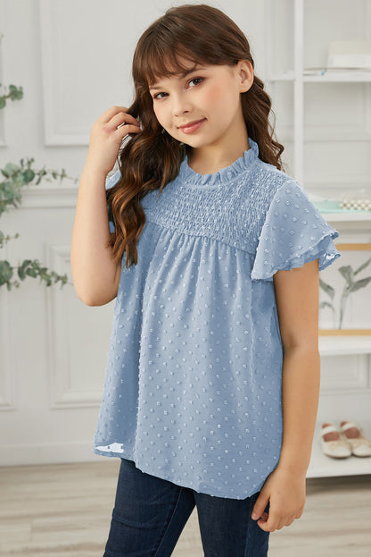 Blusa de manga volante con fruncido de lunares suizos para niñas